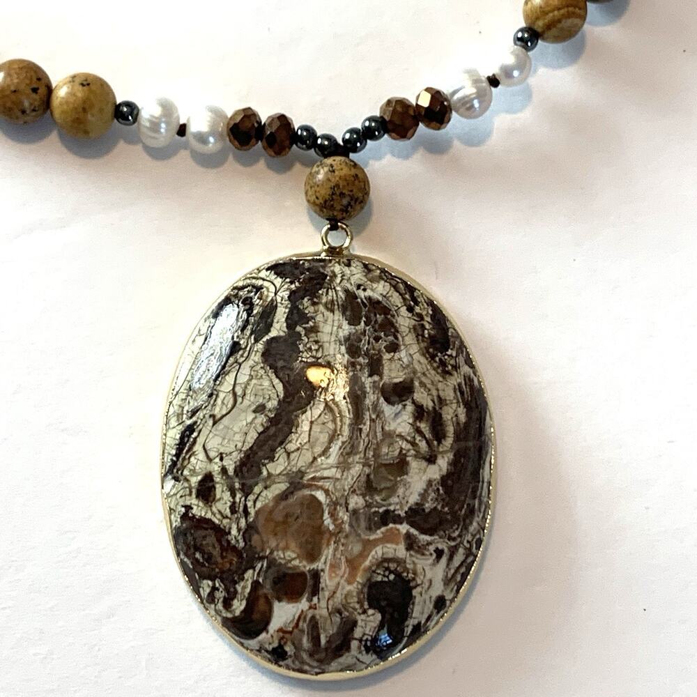 Vtg Agate Cultured Pearl Necklace Polished Gemstones Bold Southwest Statement - Picture 5 of 13